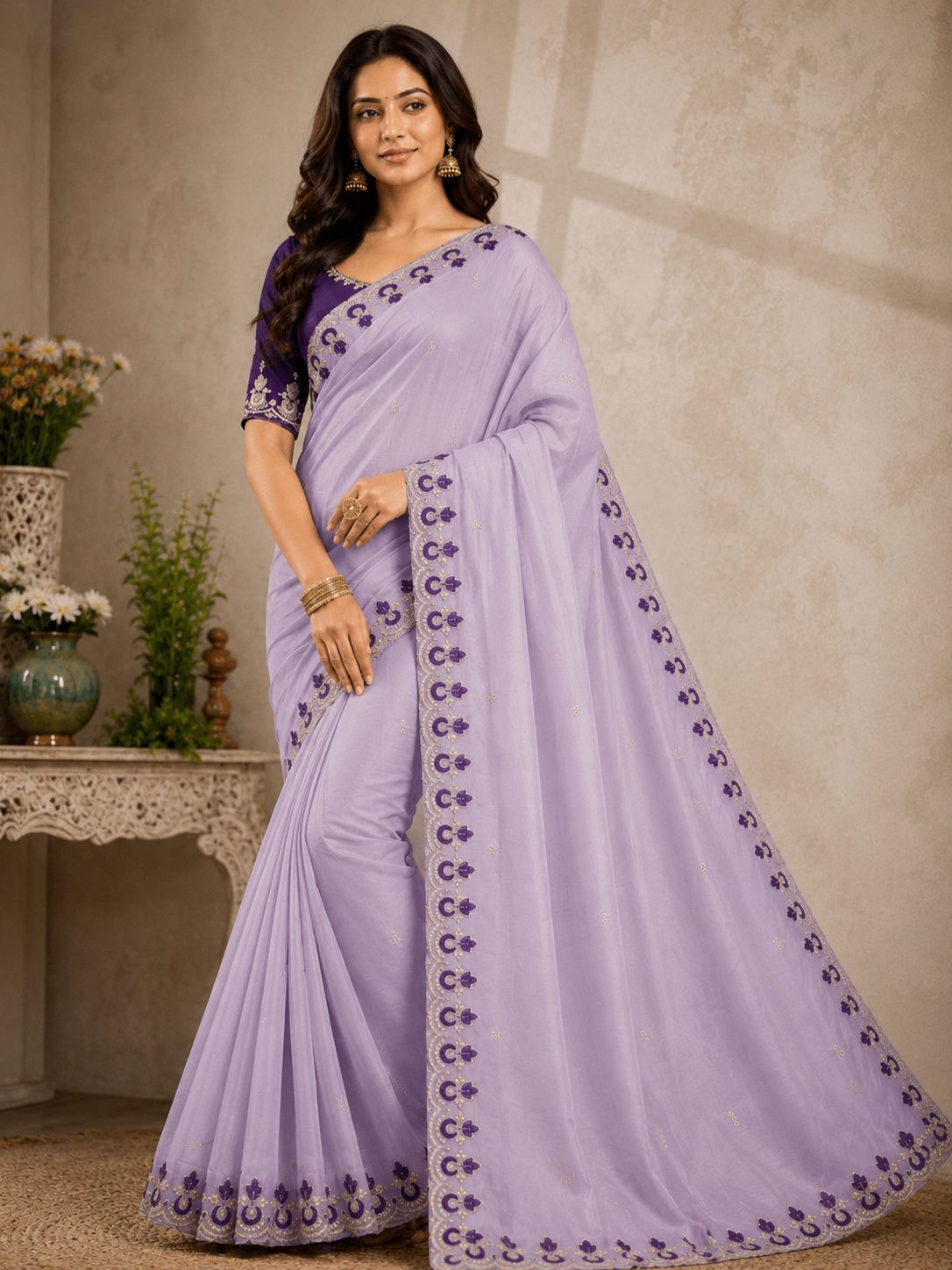Kalash Premium Star Georgette Embroidered Saree with Designer Border & Running Blouse
