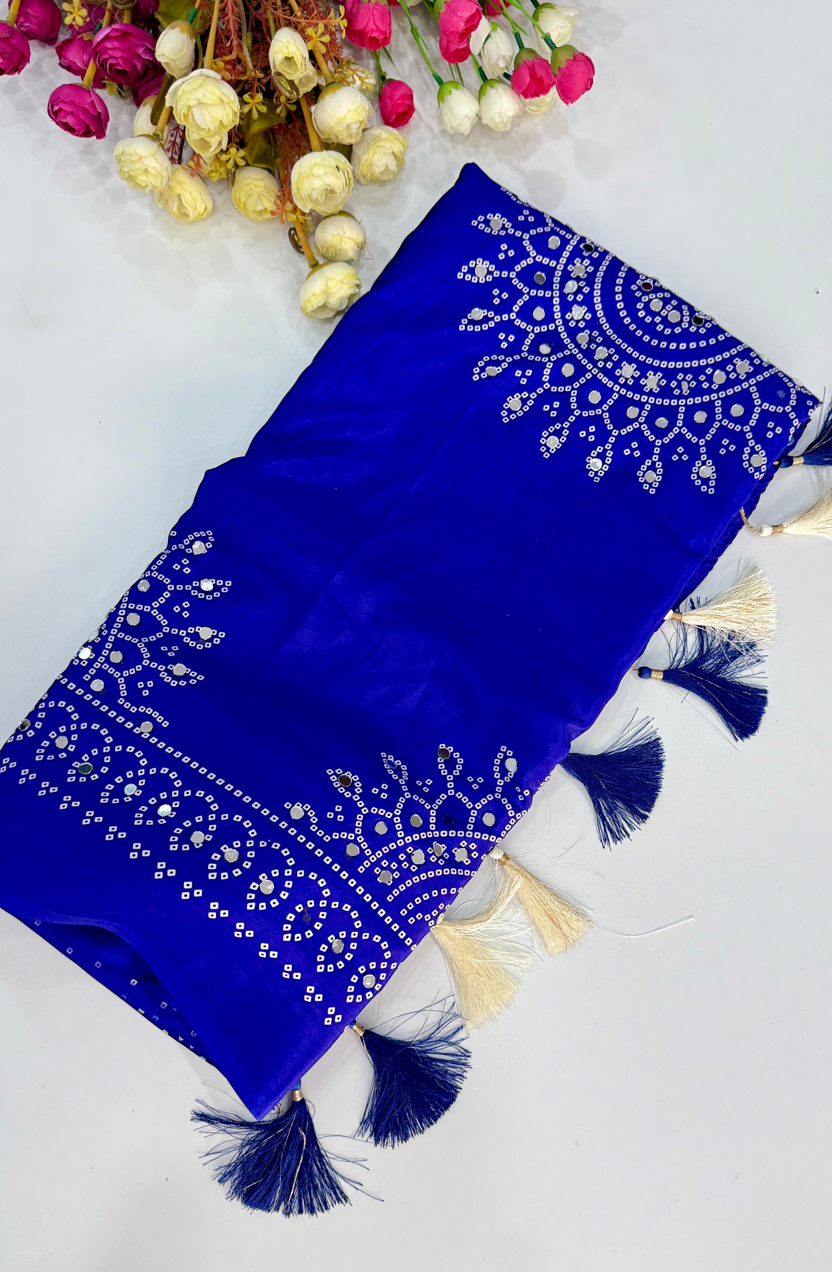 Bandhani Love Premium Moss Satin Ajrakh Saree with Zari & Mirror Work and Tassel Border