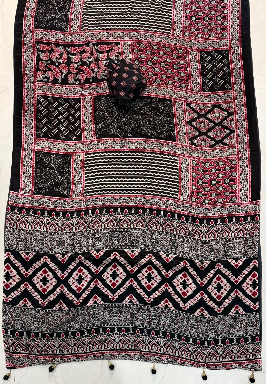 Premium Ajrakh Printed Designer Saree with Traditional Ethnic Border