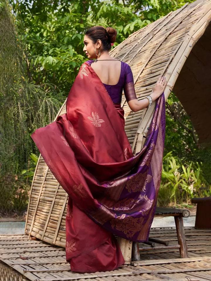 Maroon Banarasi Silk Saree with Purple Zari Border and Floral Motifs