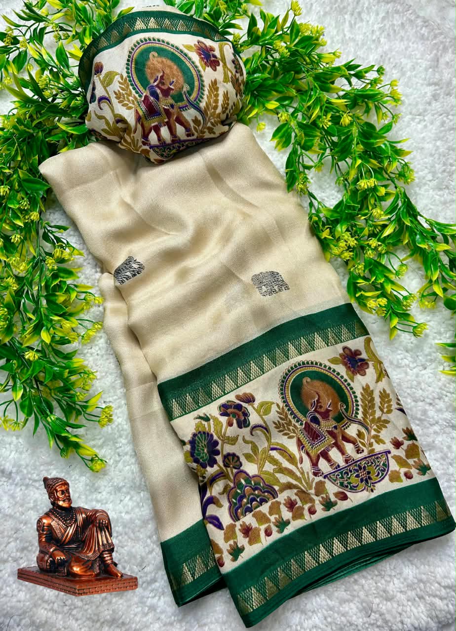 Premium Marsh Mellow Saree with Gajraj Print & Double Temple Pattu Border