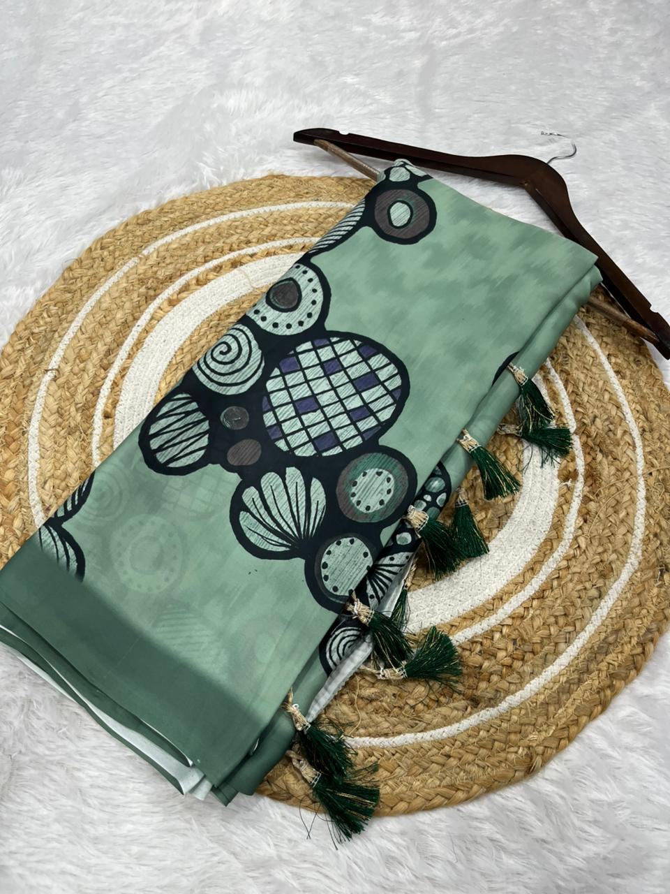 Women's Premium Georgette Silky Saree with Abstract Print & Tassel Pallu