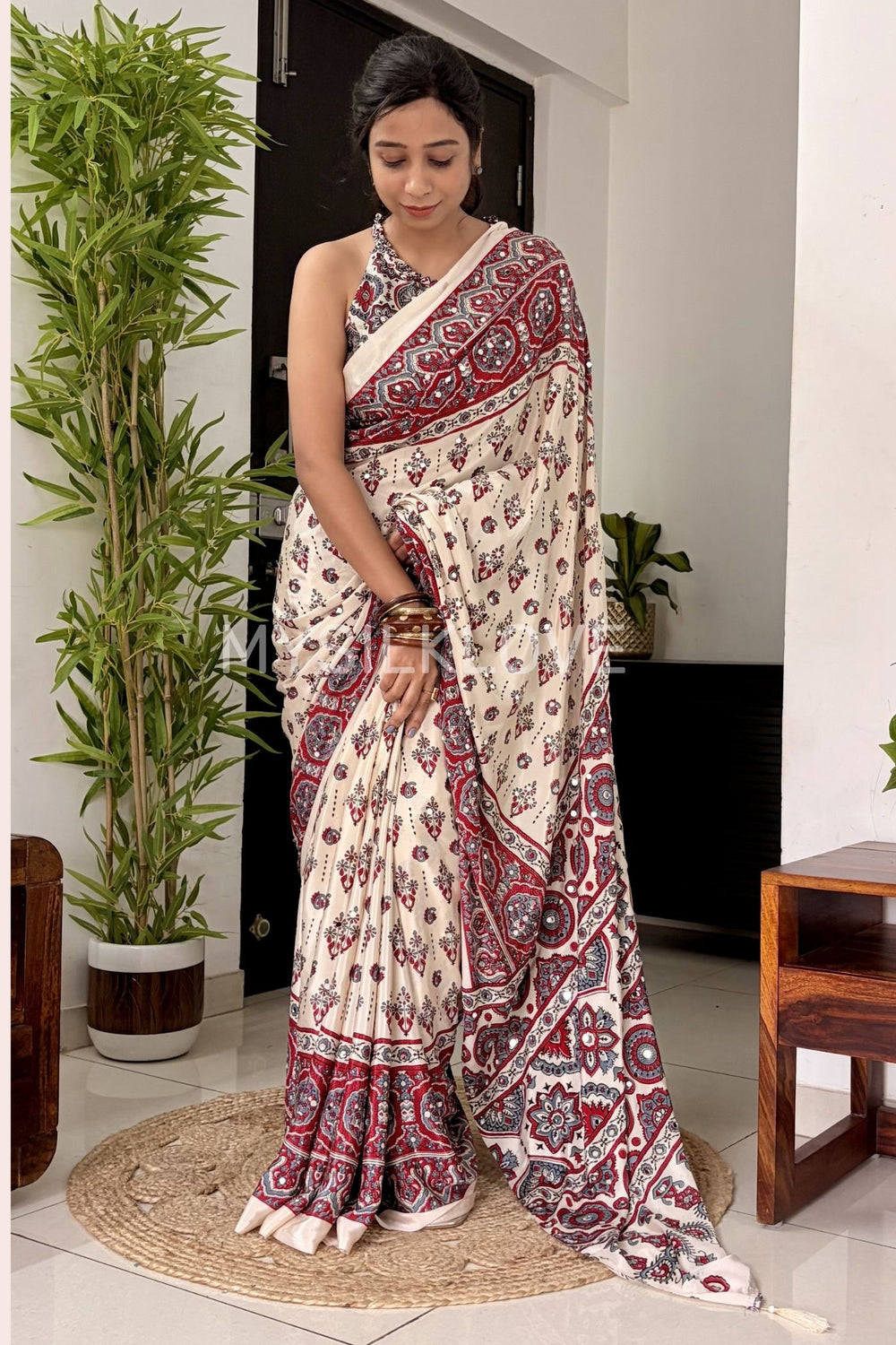 Aaina Vol 10 Silk Crepe Saree with Ethnic Ajrak Print & Mirror Work