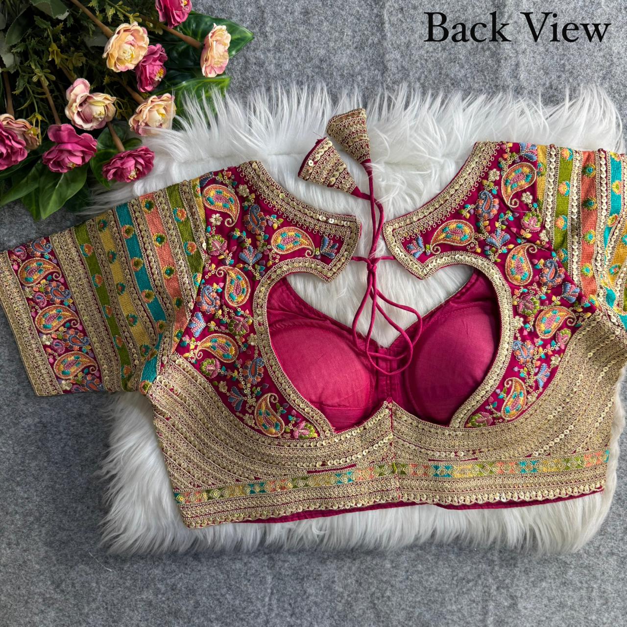 Premium Kashmiri-Inspired Antique Thread Work Blouse – Fox Georgette | Heavy Padded | 38–40