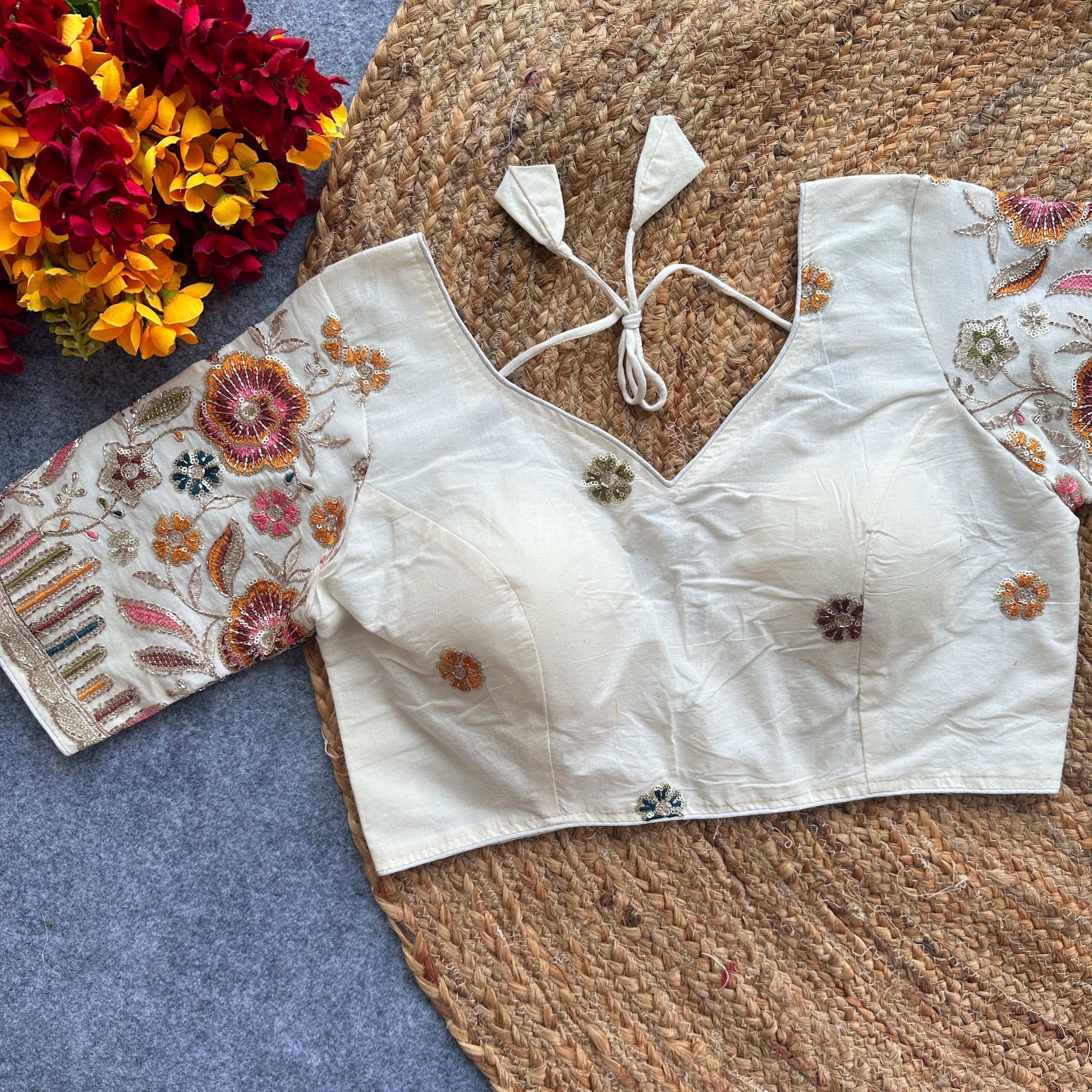 Pure Khadi Cotton Embroidered Partywear Blouse – Heavy Padded | Back Open | 38–42