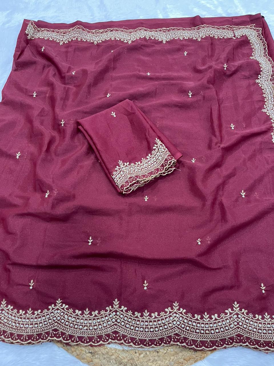 Premium Star Georgette Embroidery Zari & Moti Work Saree for Women | Party Wear Designer Saree with Matching Blouse