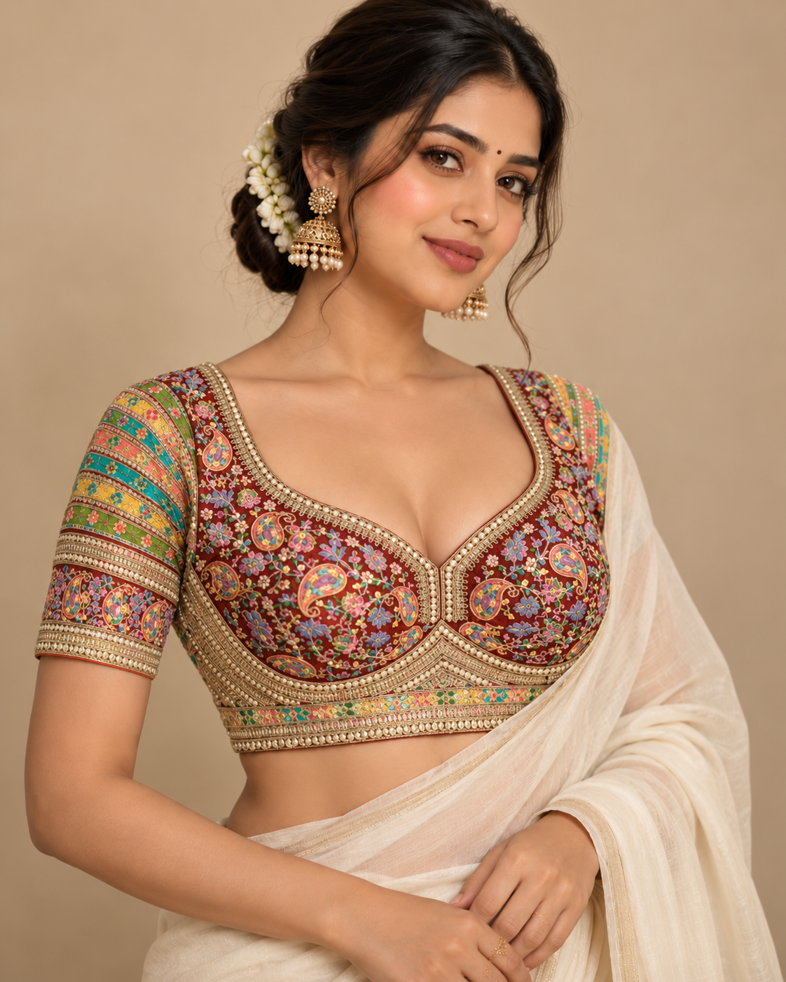 Premium Kashmiri-Inspired Antique Thread Work Blouse – Fox Georgette | Heavy Padded | 38–40