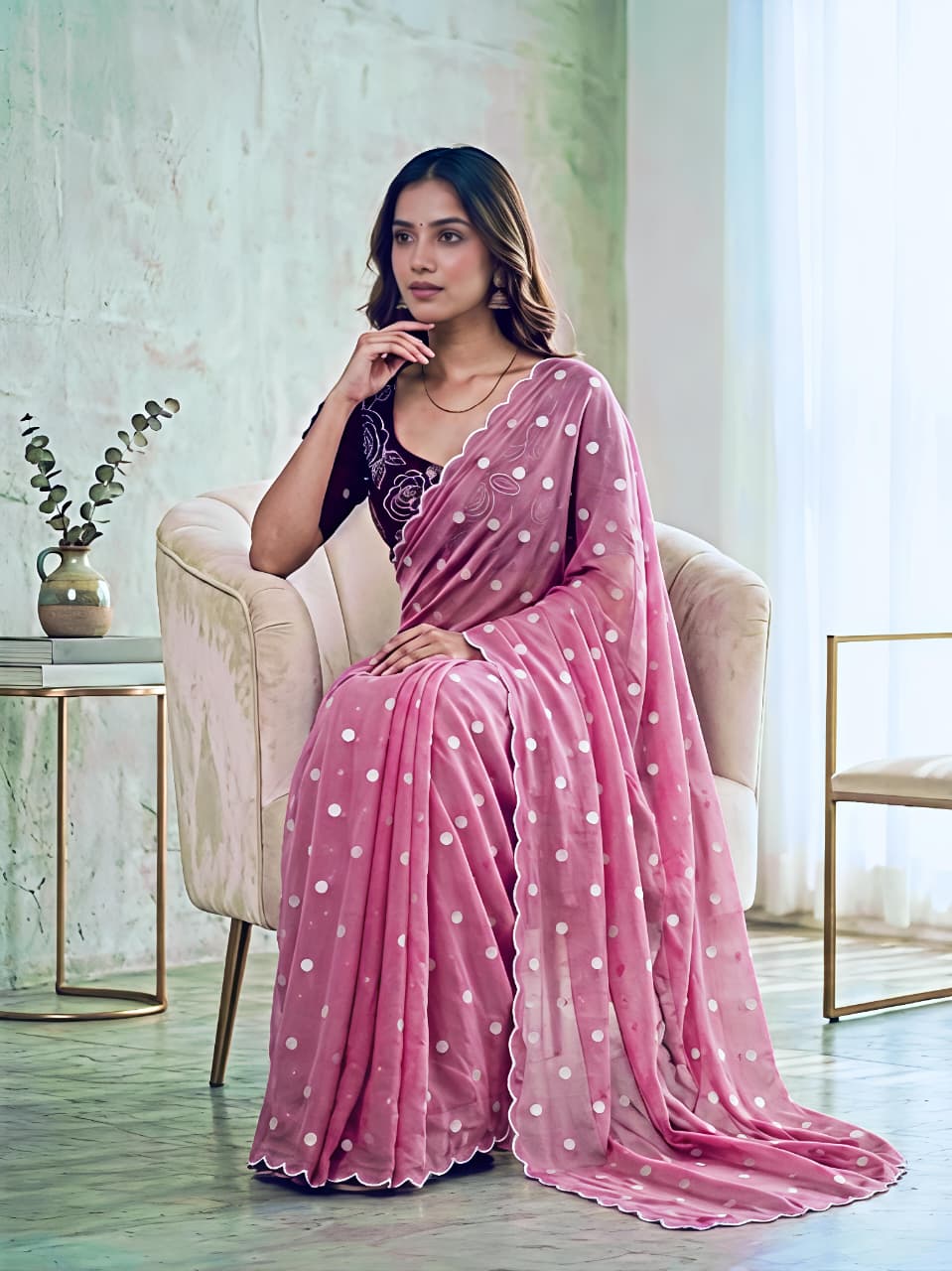 Star Georgette Polka Embroidered Saree with Matching Blouse