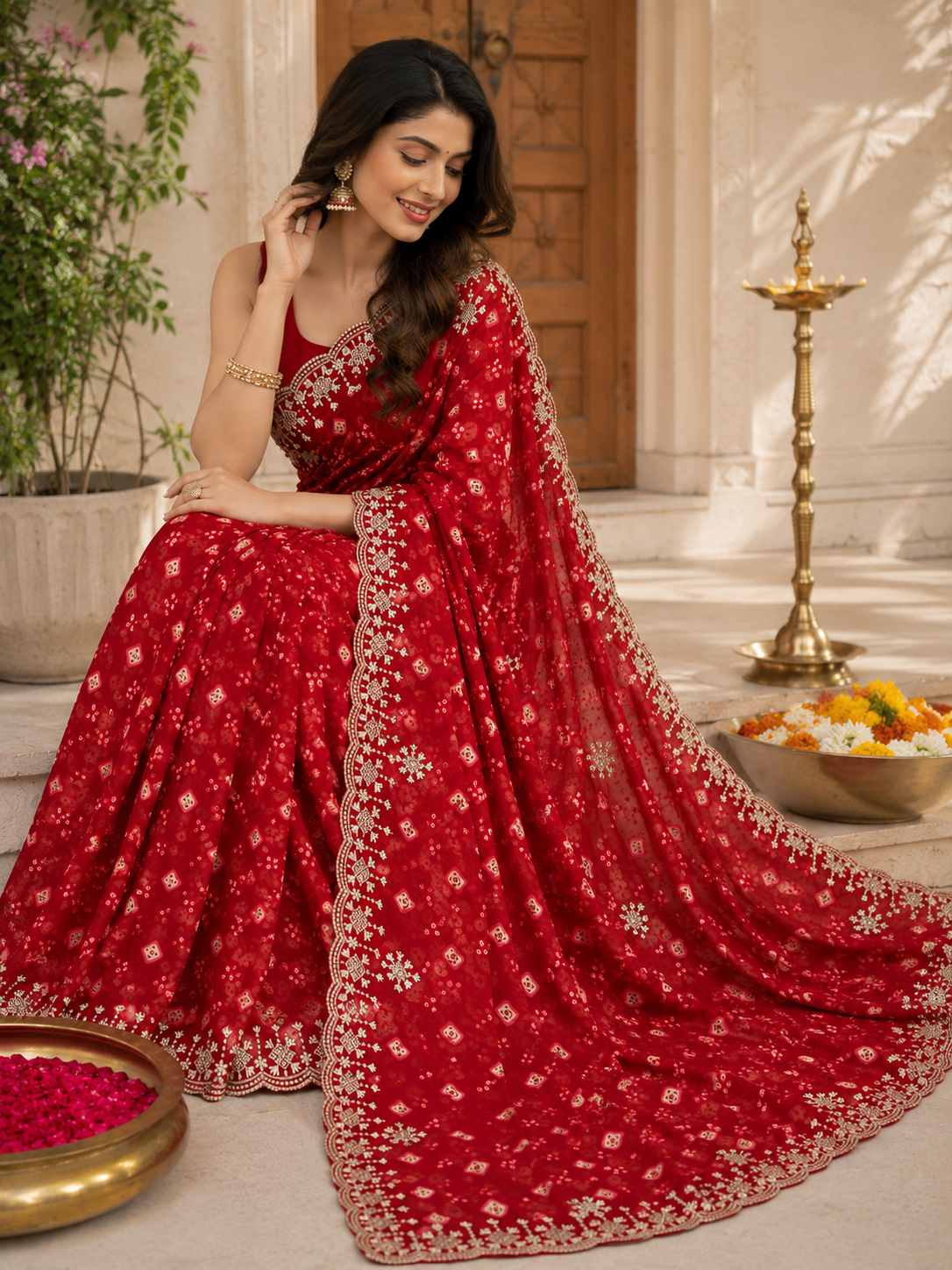 Women's Red Georgette Bandhani Print Embroidered Saree with Matching Mono Silk Blouse