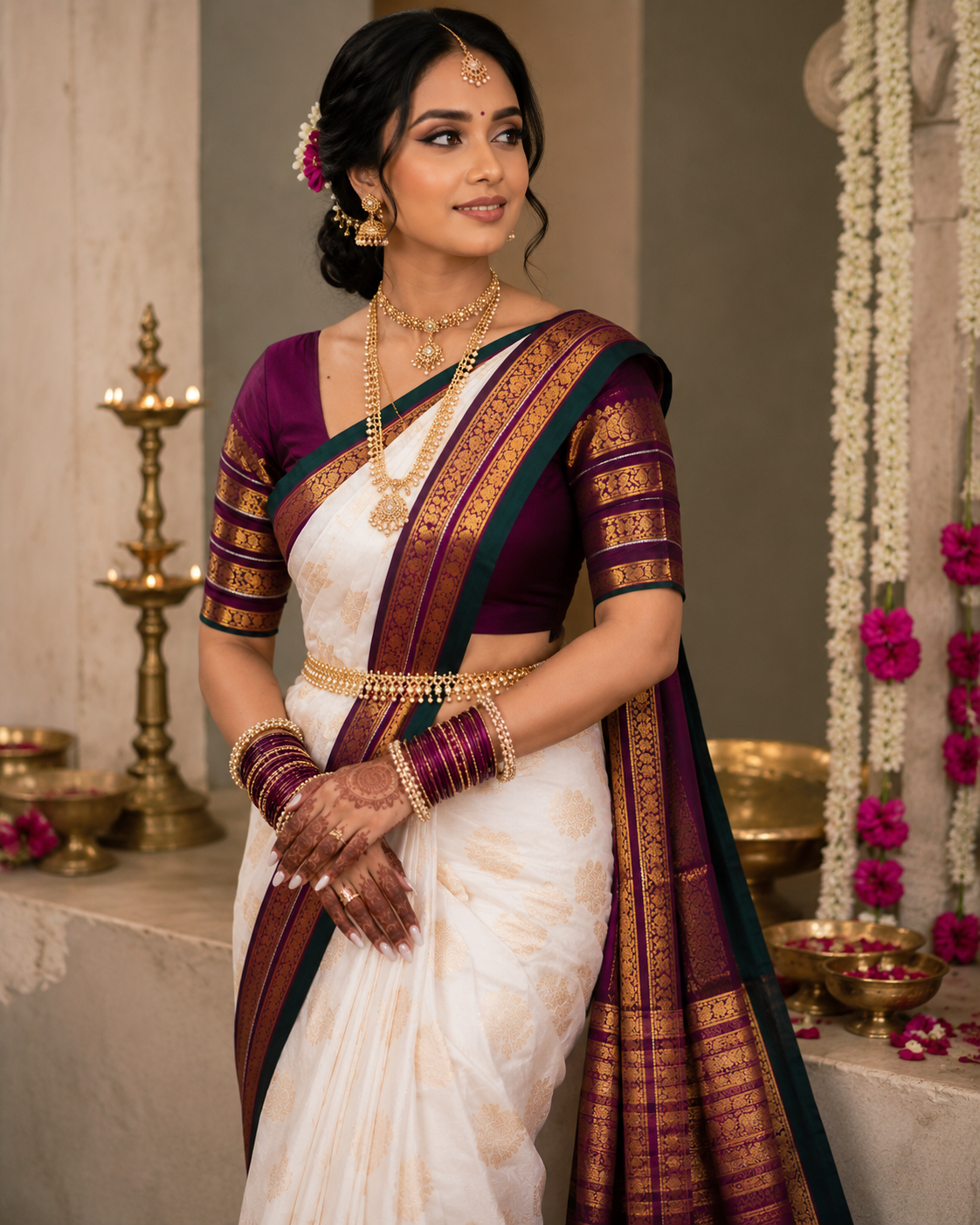 Women's White Soft Litchi Silk Saree with Rich Jacquard Woven Border & Contrast Purple Blouse