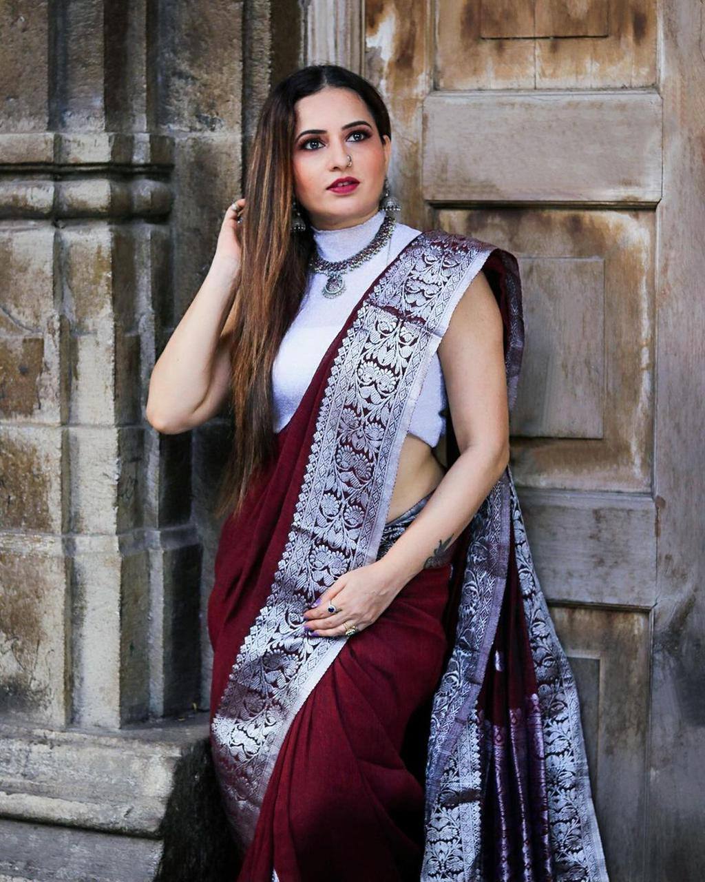 Maroon Banarasi Silk Saree with Silver Zari Border
