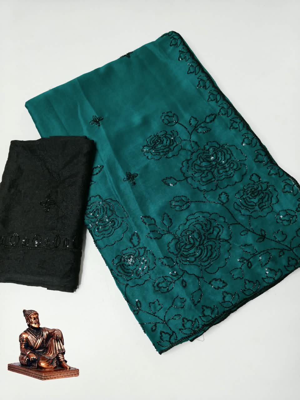 Premium Star Georgette Saree with Black Sequin & Thread Embroidery and Matching Blouse
