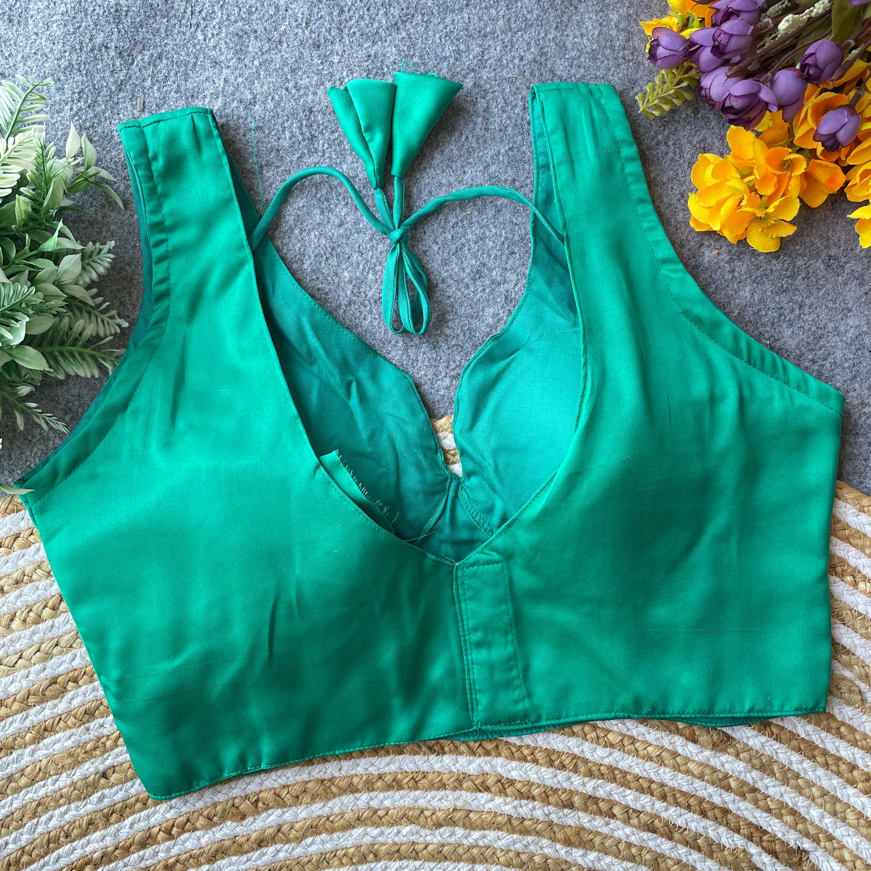 Pure Malai Satin V-Neck Padded Designer Blouse – Hook Back | Free Size 38–42