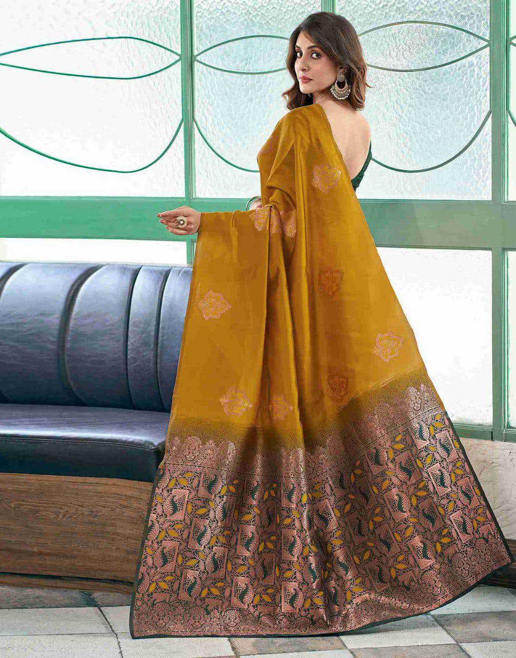 Mustard Yellow Banarasi Silk Saree with Embroidered Border and Green Blouse