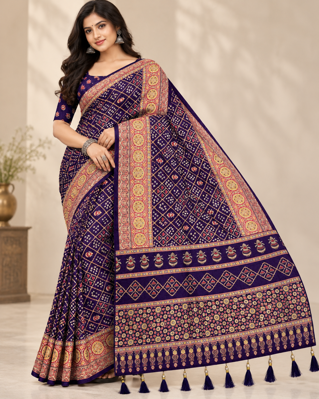 Premium Ajrakh Designer Crepe Silk Saree with Multi-Pattern Border & Tassel Work