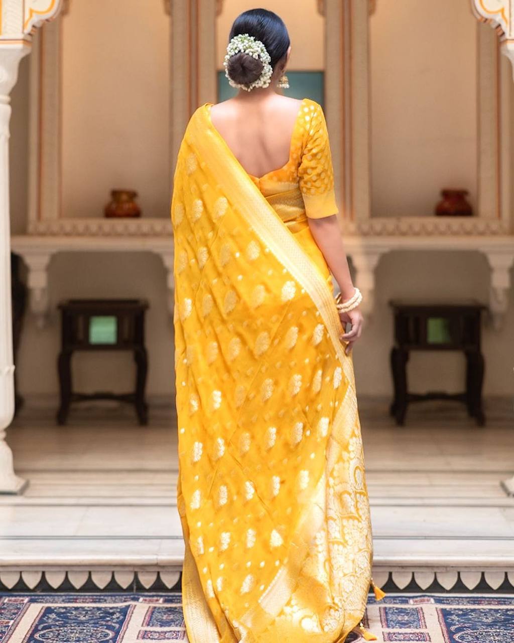 Yellow Banarasi Silk Saree with Golden Buti Work