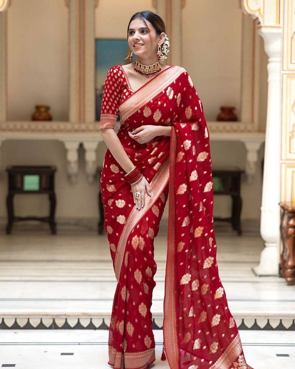 Red Banarasi Silk Saree with Golden Zari Work