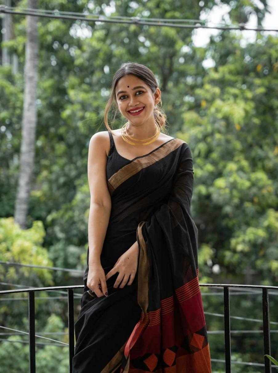 KP-R 209 Soft Linen Black Saree with Jacquard Border 🖤