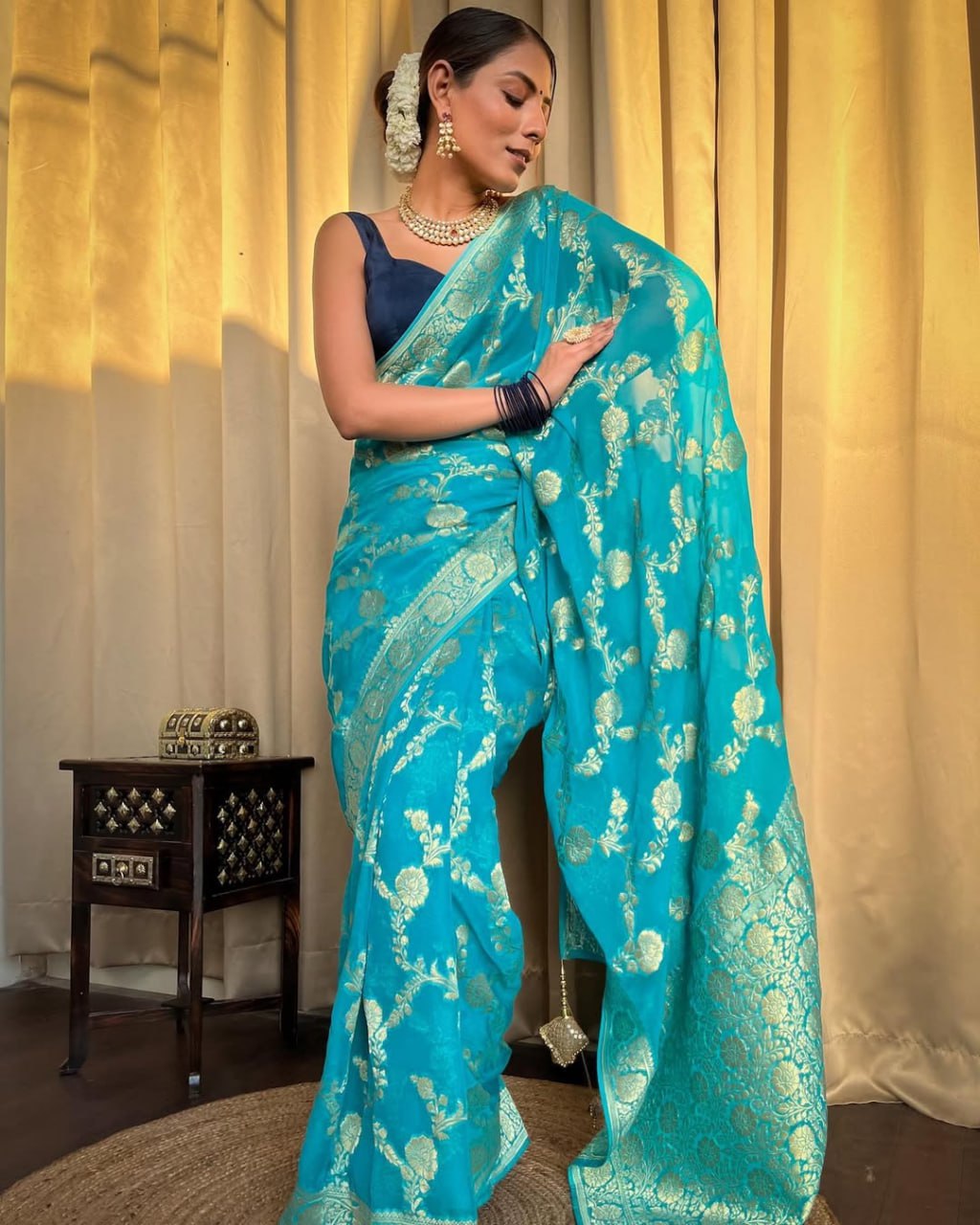 Turquoise Blue Banarasi Silk Saree with Gold Zari Work