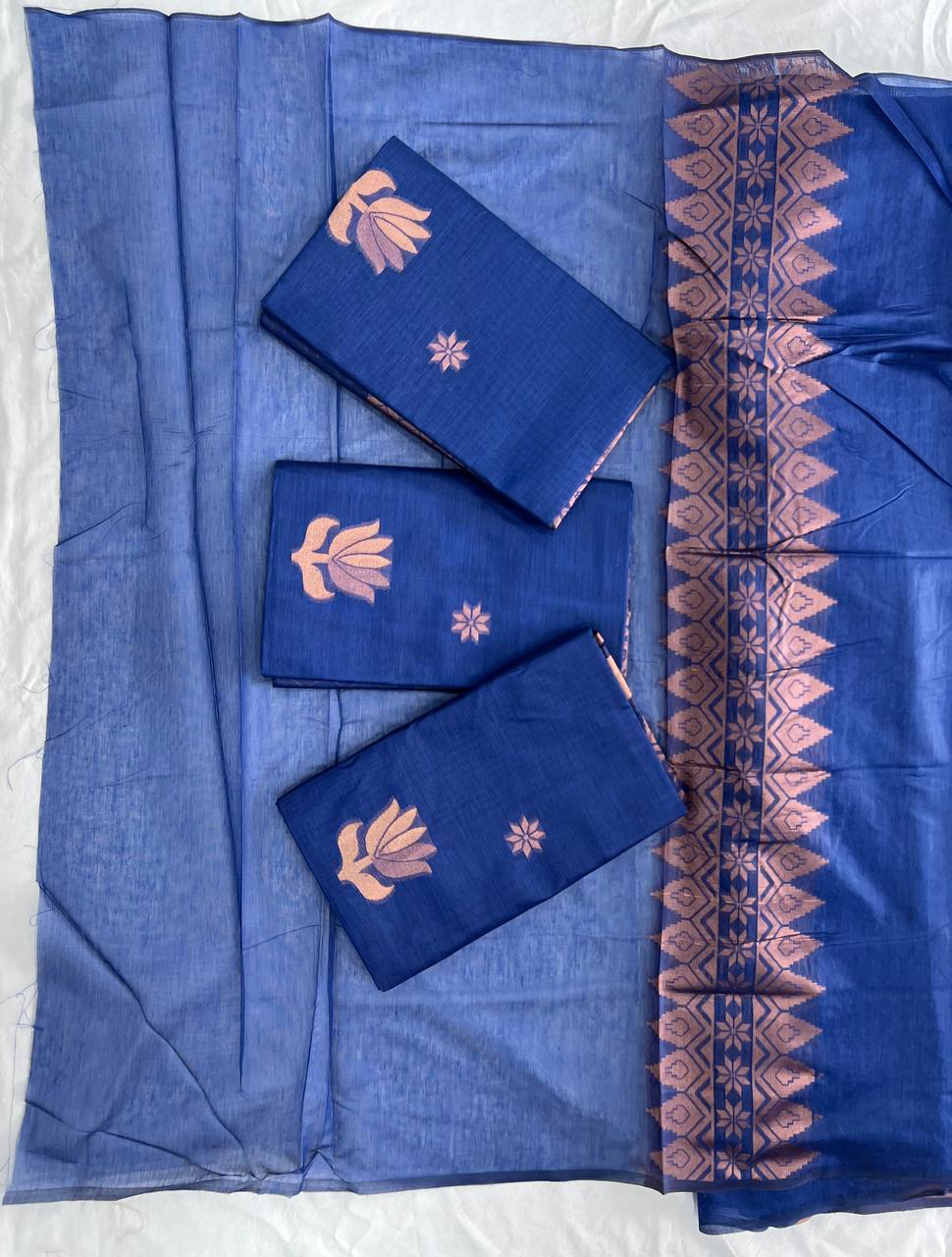 Royal Blue Silk Saree with Pink Zari Buti Work and Contrast Border