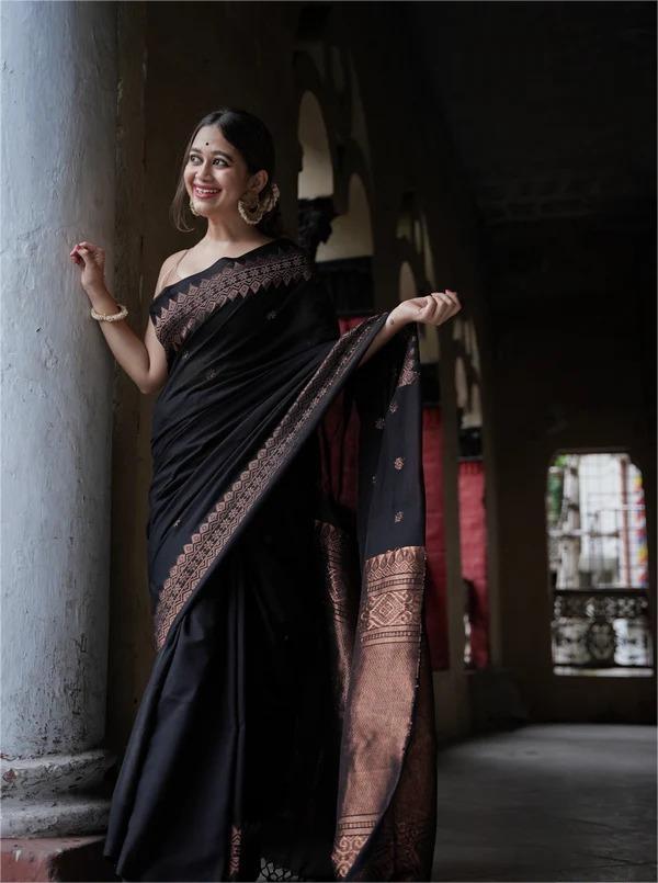 Elegant Black Silk Saree with Copper Zari Border