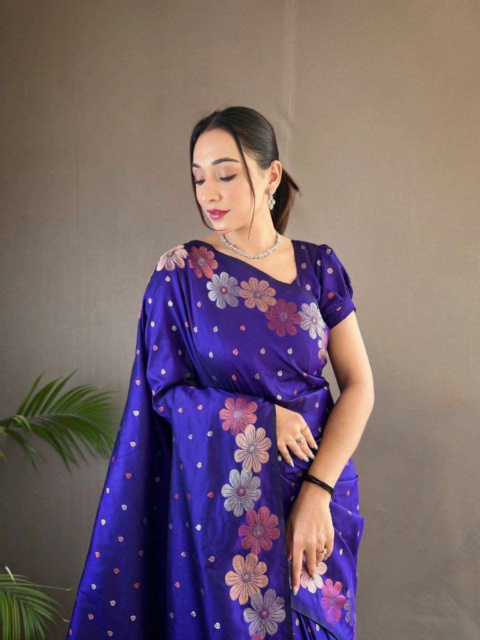Royal Blue Floral Woven Silk Saree with Embroidered Border
