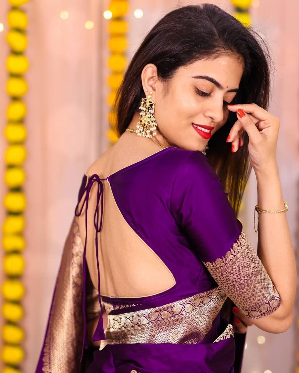 Purple Banarasi Silk Saree with Golden Zari Work