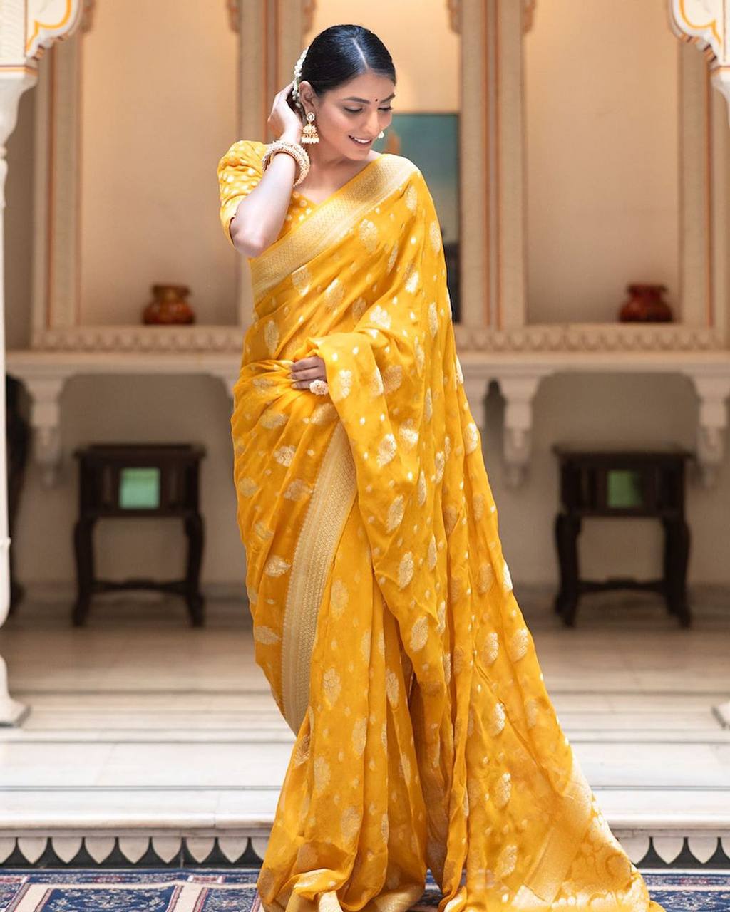 Yellow Banarasi Silk Saree with Golden Buti Work