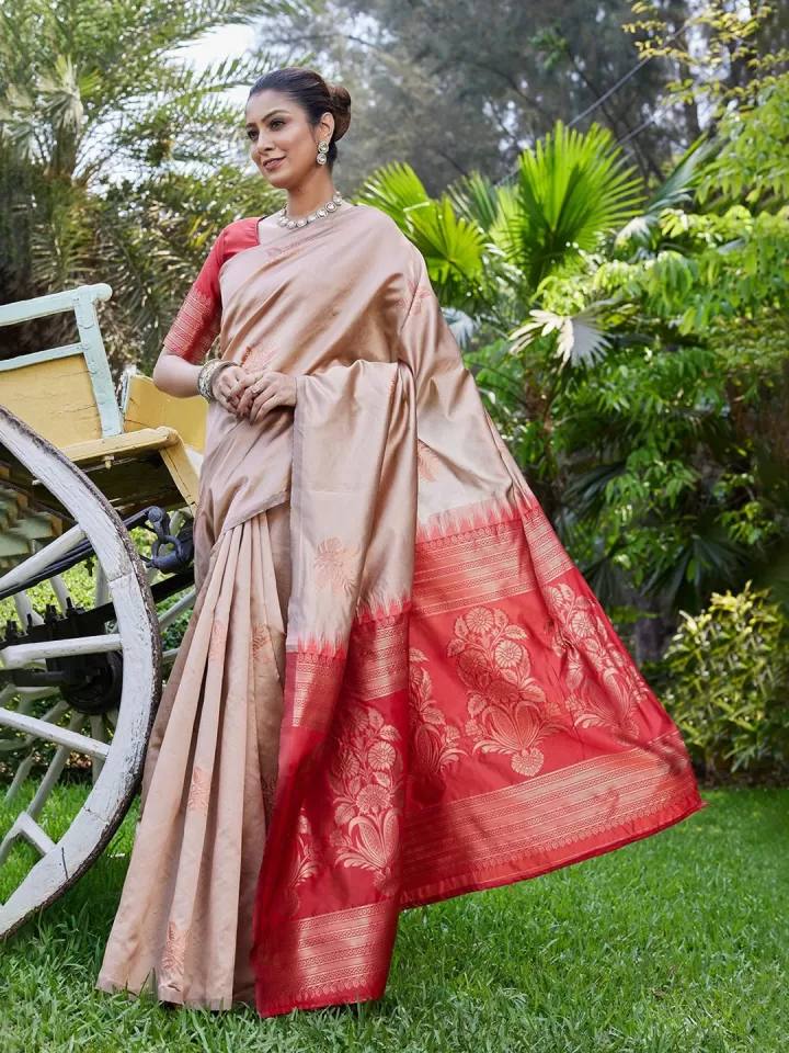 Elegant Beige and Red Silk Saree with Zari Work