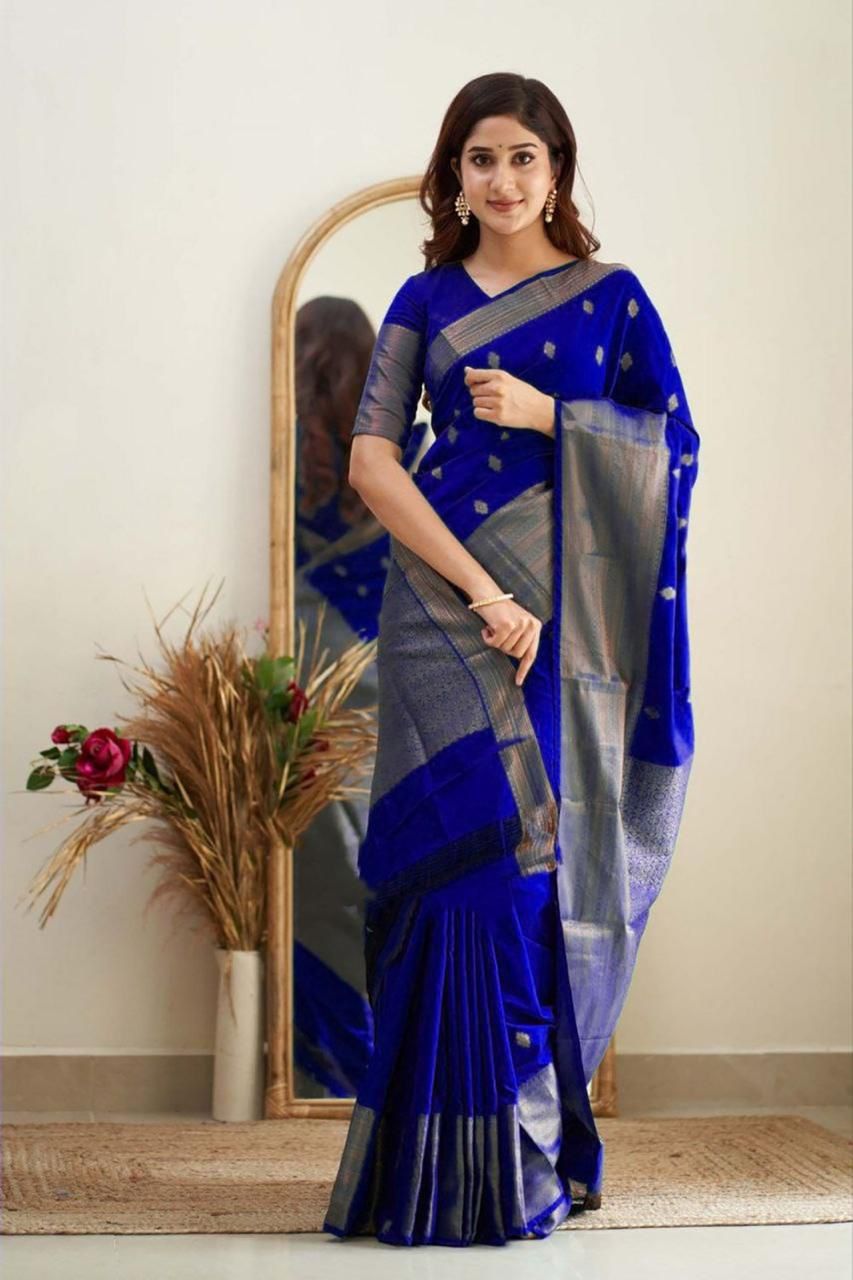 Royal Blue Silk Saree with Silver Zari Border and Butta Work