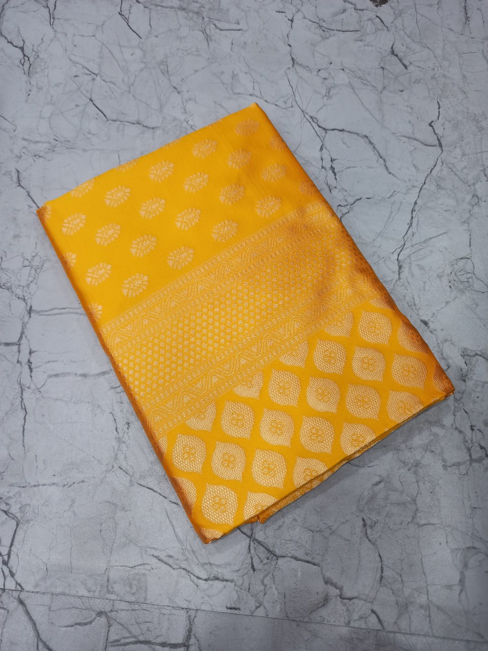 Yellow Banarasi Silk Saree with Green Blouse