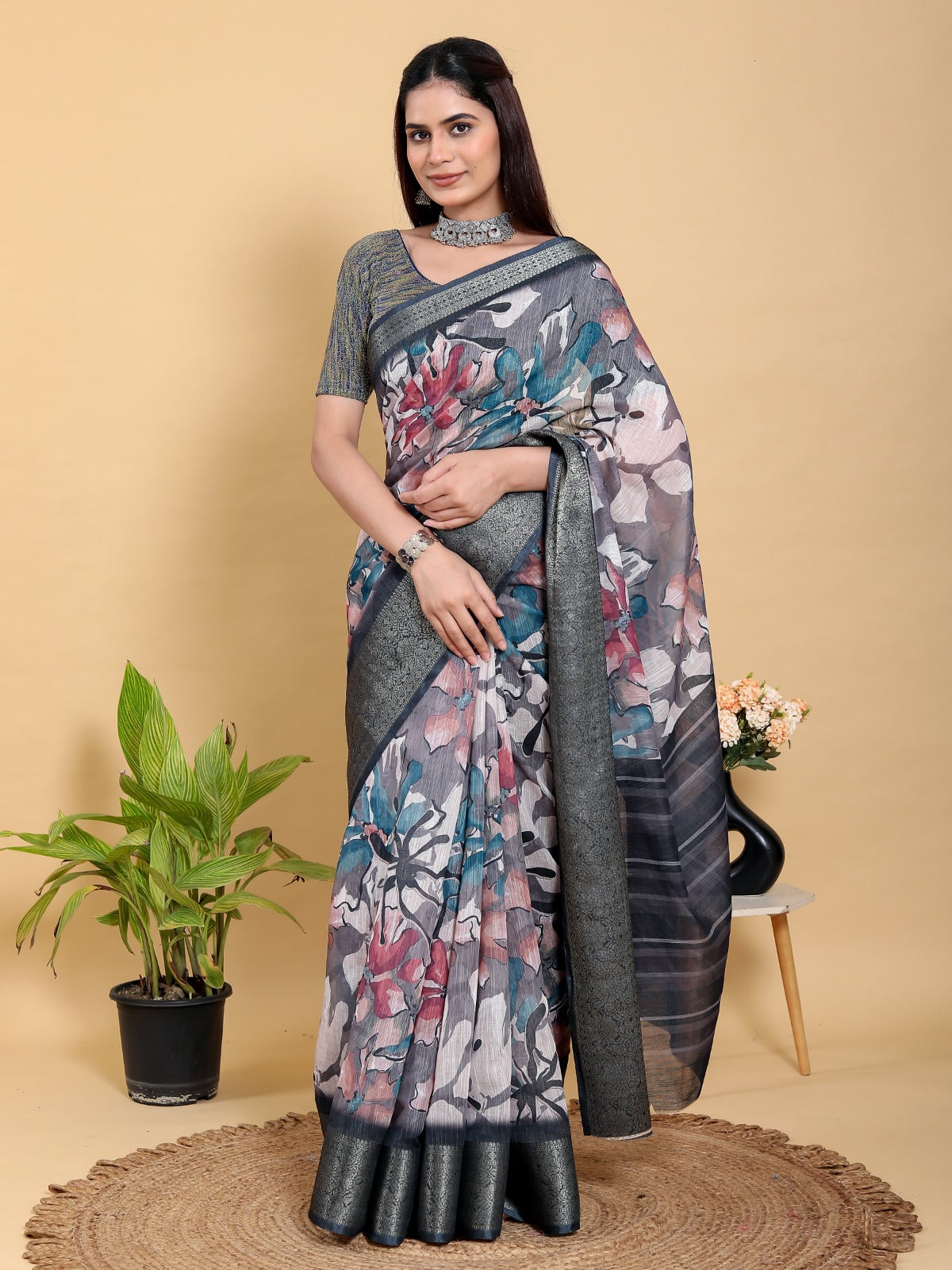 Mystic Floral Heavy Linen Saree with Rich Jacquard Border & Designer Blouse