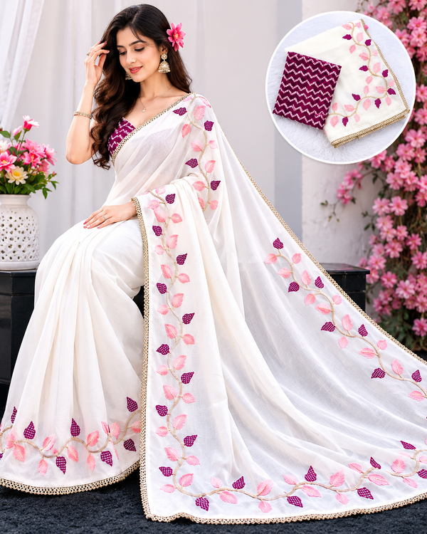 Women's Pure Soft Silk Saree | Floral Thread Work Border Saree | Elegant Party Wear Saree with Satin Silk Digital Print Blouse