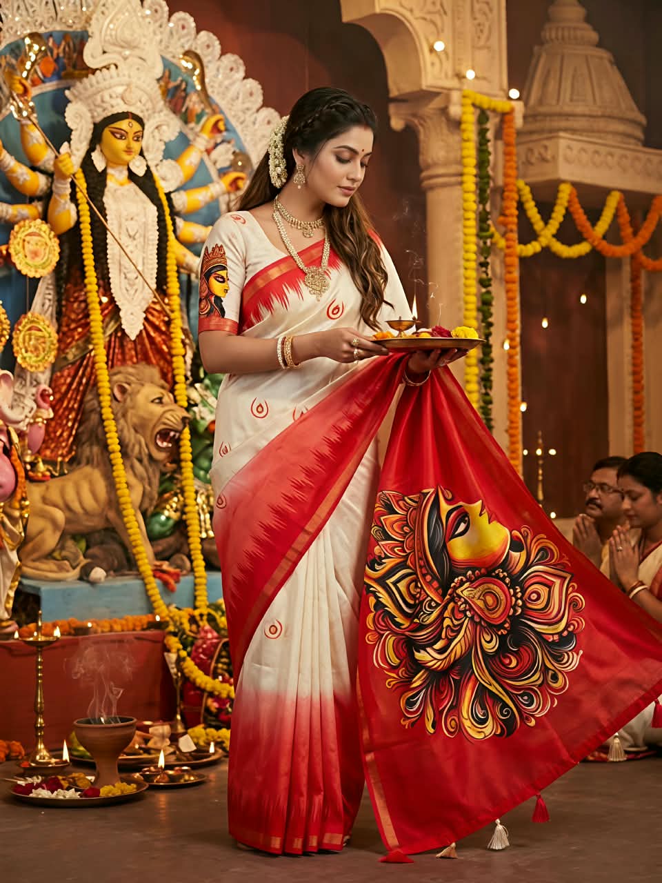 Durga Pooja Cotton Saree with Gold Pattu Border, Pallu & Matching Blouse