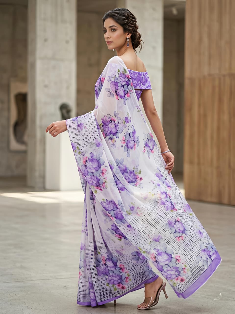 Heavy Blooming Faux Georgette Saree with Multicolor Floral Print & Matching Blouse