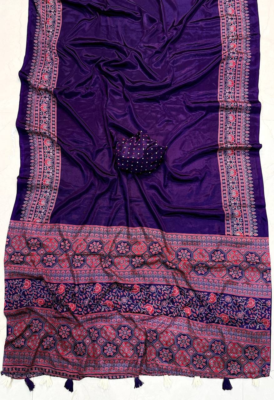 Premium Ajrakh Designer Crepe Silk Saree with Floral Border & Tassel Detailing