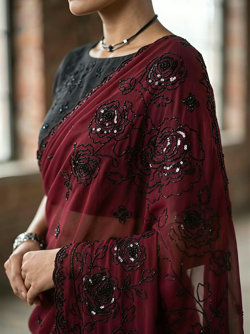 Premium Star Georgette Saree with Black Sequin & Thread Embroidery and Matching Blouse