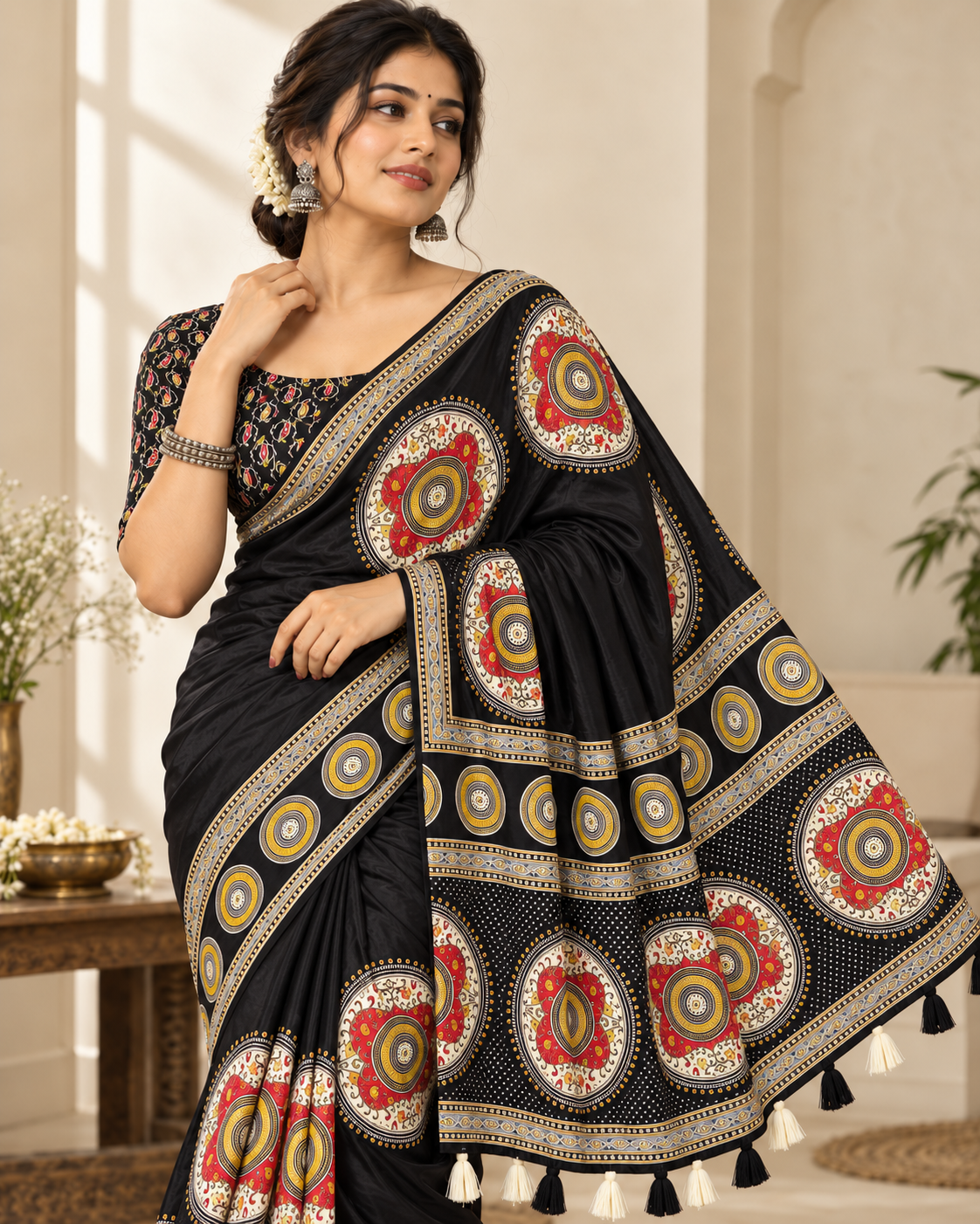 Premium Ajrakh Designer Crepe Silk Saree with Circular Motif Print & Tassel Border