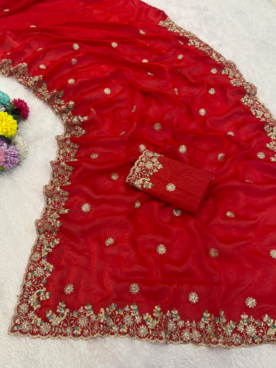 Rajwada Mor Embroidery Fendy Satin Saree with Heavy Sequence Border & Designer Blouse
