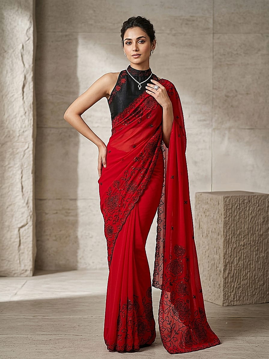 Premium Star Georgette Saree with Black Sequin & Thread Embroidery and Matching Blouse