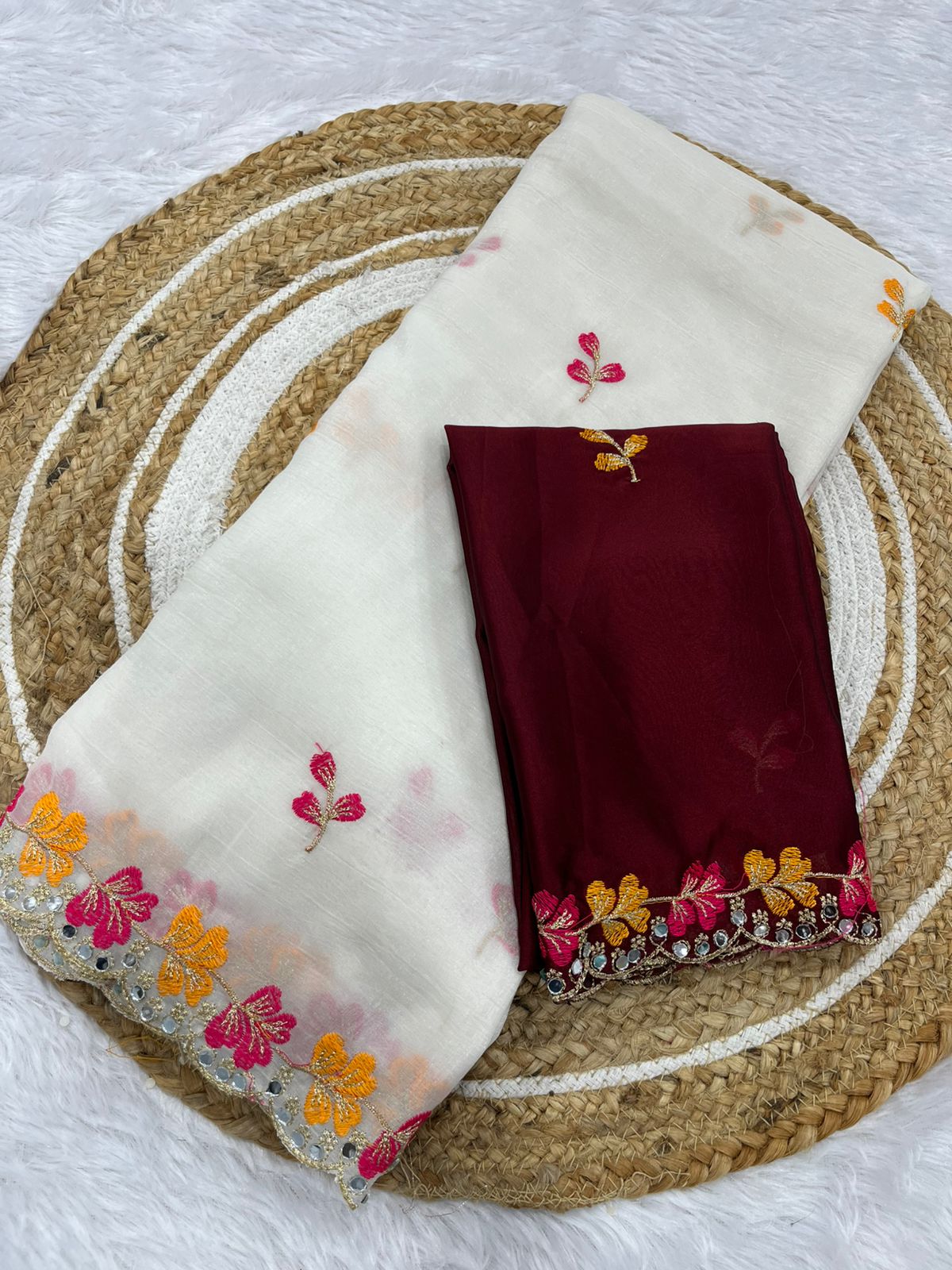 Premium Crunchy Chiffon Embroidered Mirror Work Party Wear Saree
