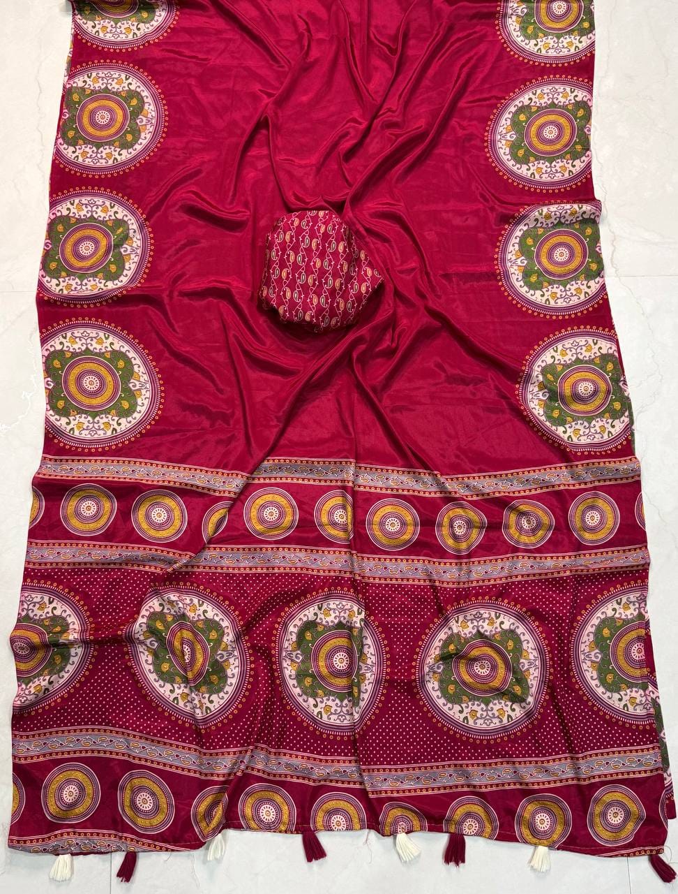 Premium Ajrakh Designer Crepe Silk Saree with Circular Motif Print & Tassel Border