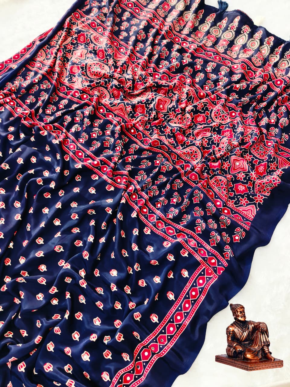 Aaina Vol 6 Silk Crepe Saree with Ethnic Ajrak Print & 1600 Mirror Work