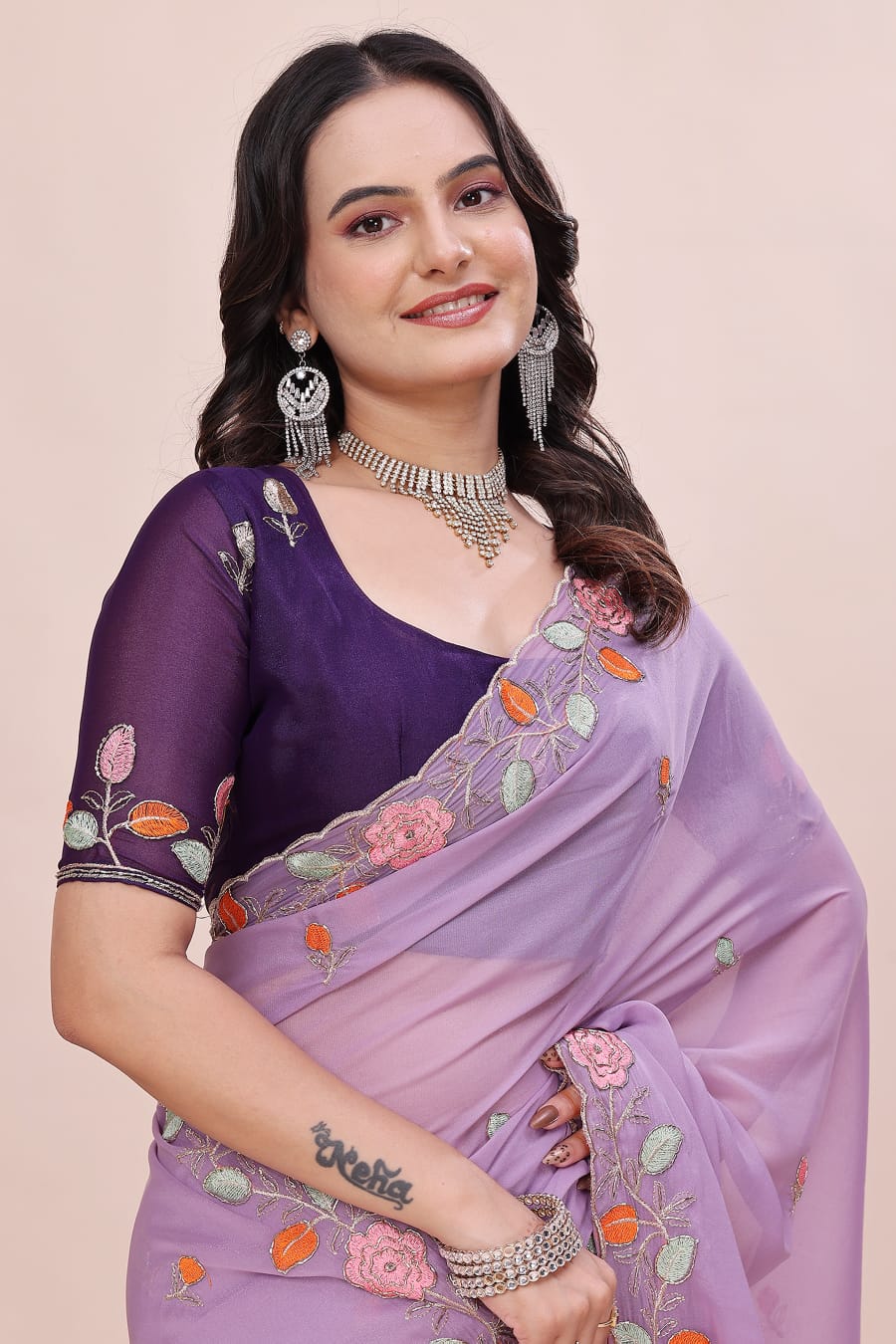 Rose Petal Embroidered Star Georgette Saree with Beads Work Border