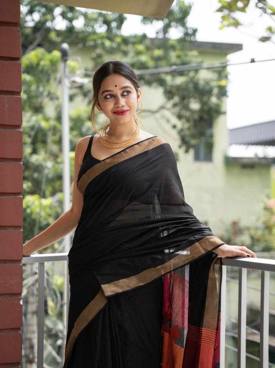 KP-R 209 Soft Linen Black Saree with Jacquard Border 🖤