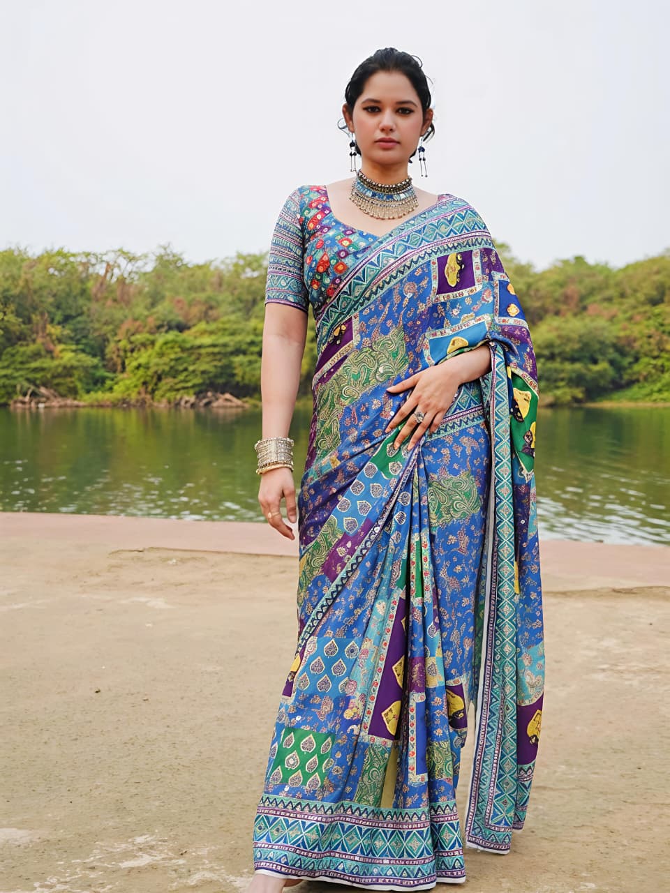 Chamkila Blue Premium Crepe Silk Saree with Rajgharana Culture Digital Print & Mirror Work | Designer Party Wear Saree