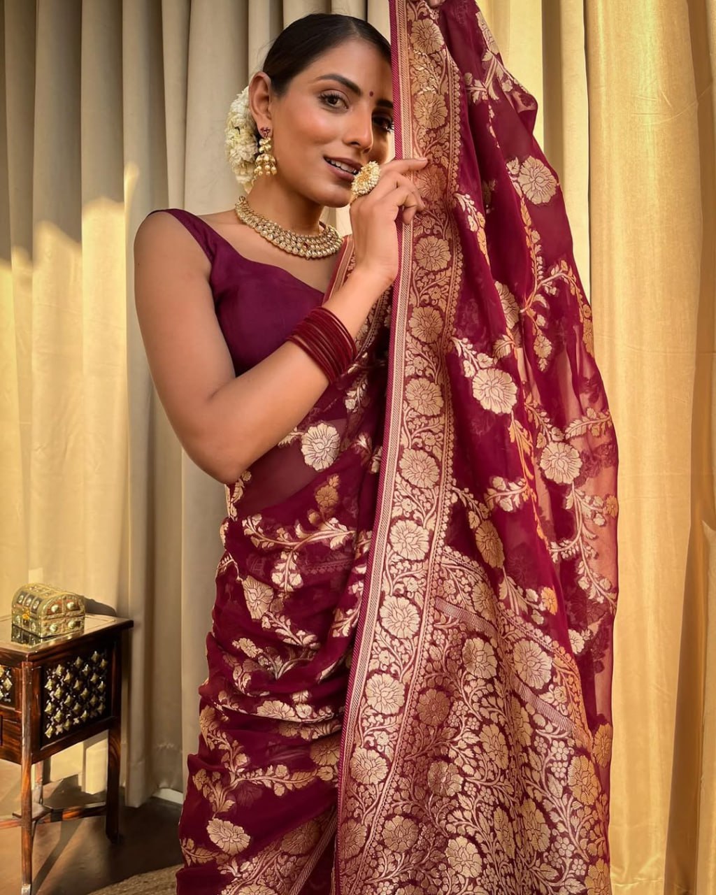 Maroon Banarasi Silk Saree with Golden Floral Embroidery and Purple Blouse