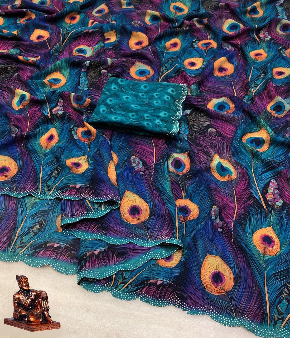 Morpankh Soft Georgette Saree with Peacock Feather Digital Print & Scalloped Stone Border