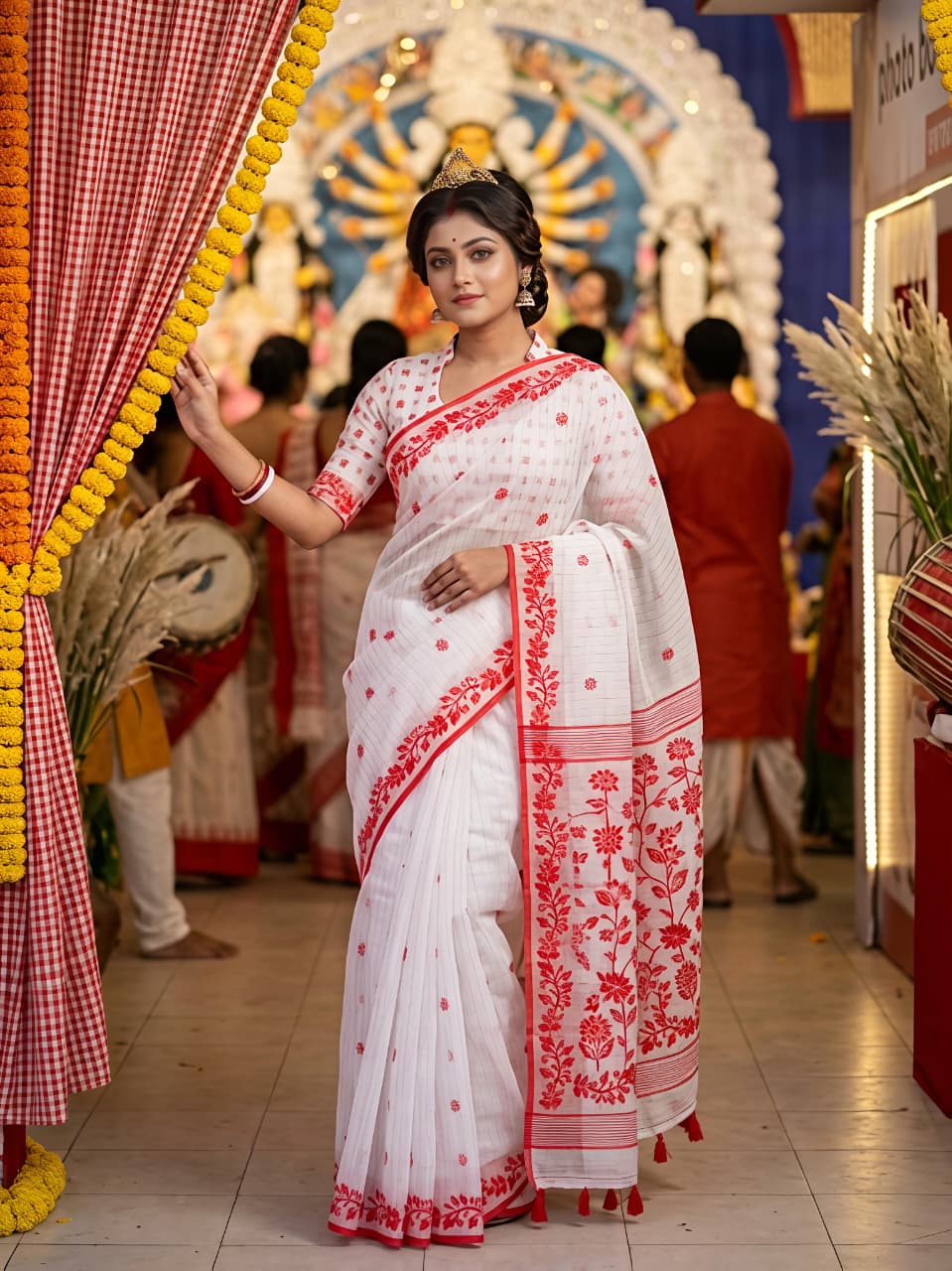 Durga Pooja Edition Heavy Blooming Cotton Silk Saree with Jacquard Pallu & Blouse