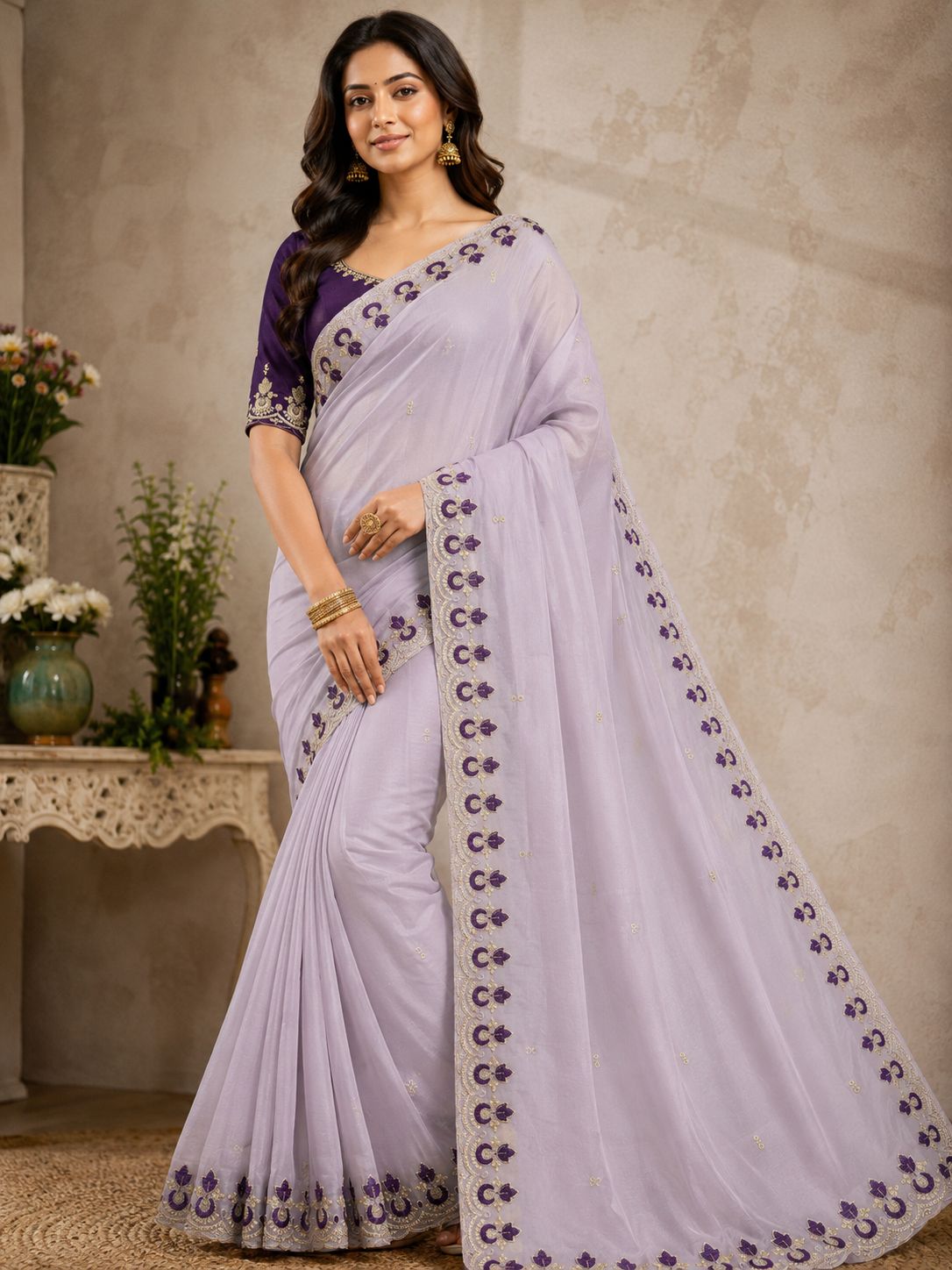 Kalash Premium Star Georgette Embroidered Saree with Designer Border & Running Blouse